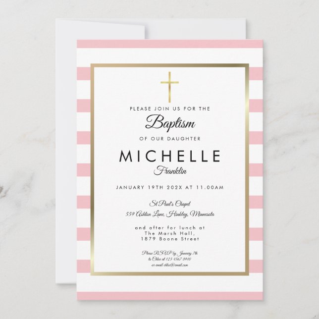 Invitación Elegante cruz de oro de banda rosa bautizo Christe (Anverso)