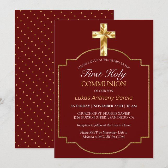 Invitación Elegante Cruz de Oro de Borgoña Primera Comunión (Anverso / Reverso)