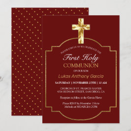 Invitación Elegante Cruz de Oro de Borgoña Primera Comunión