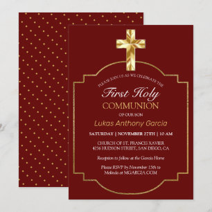 Invitación Elegante Cruz de Oro de Borgoña Primera Comunión
