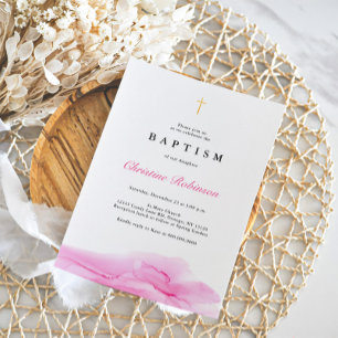 Invitación Elegante cruz de oro de tinta Rosa bautizado y cri