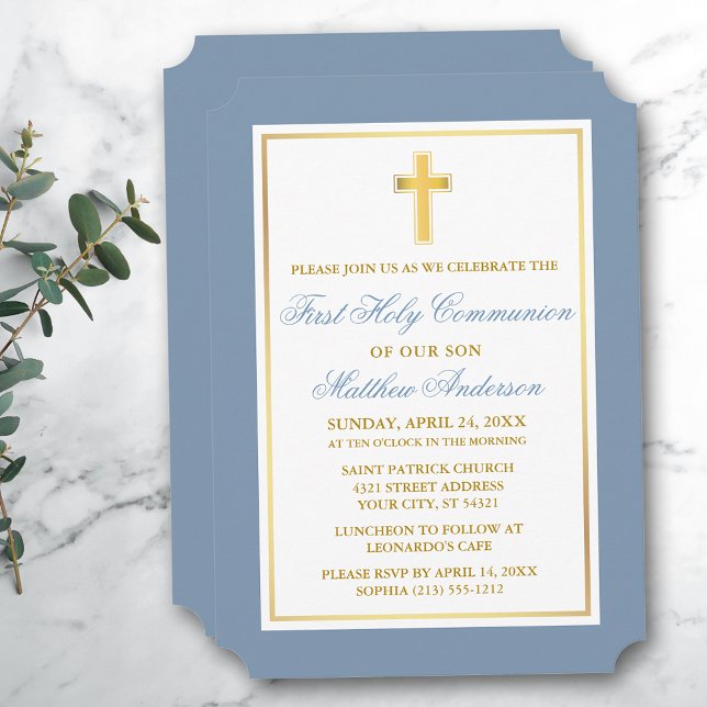 Invitación Elegante Cruz de Oro Dusty Azul Primera Comunión (Customize to change text size, style, color or to add more text or photos to back of card.)