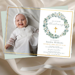 Invitación Elegante cruz de oro Eucalyptus verde foto