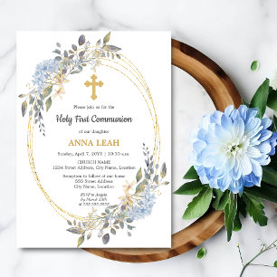 Invitación Elegante Cruz de Oro Floral Primera Comunión