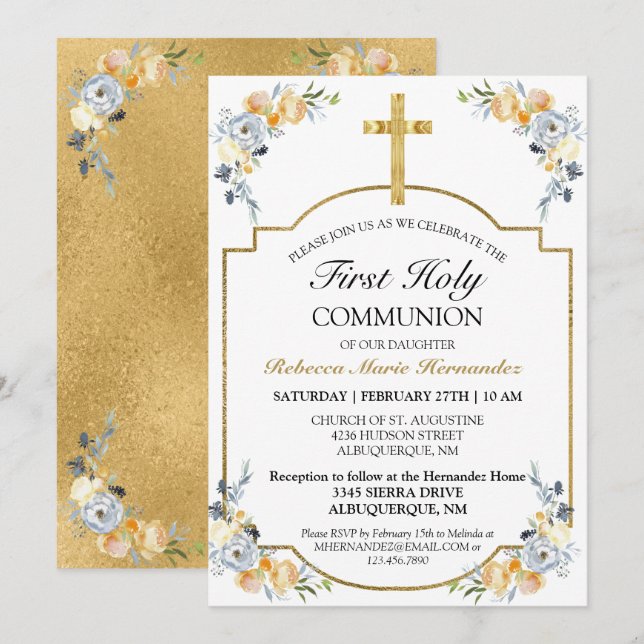 Invitación Elegante Cruz de Oro Floral Primera Comunión Santa (Anverso / Reverso)
