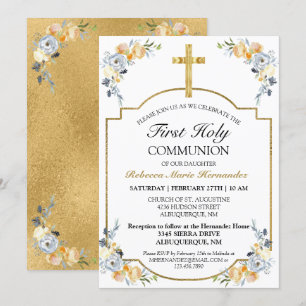 Invitación Elegante Cruz de Oro Floral Primera Comunión Santa