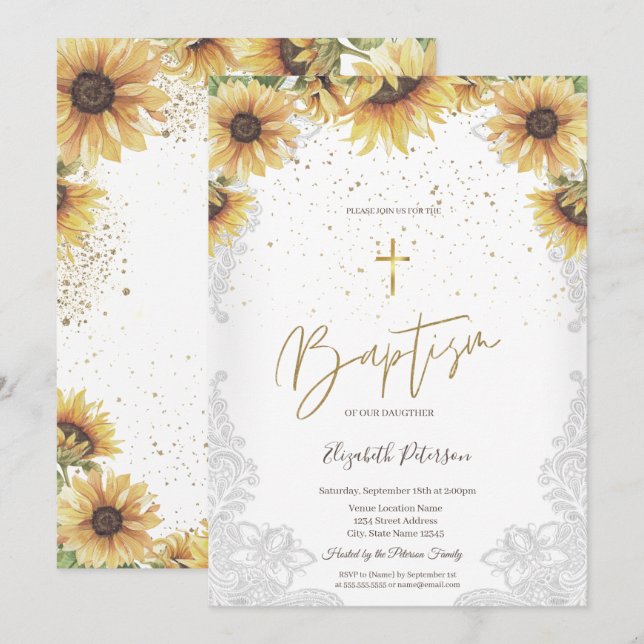 Invitación Elegante cruz de oro girasoles bautismo de encaje  (Anverso / Reverso)