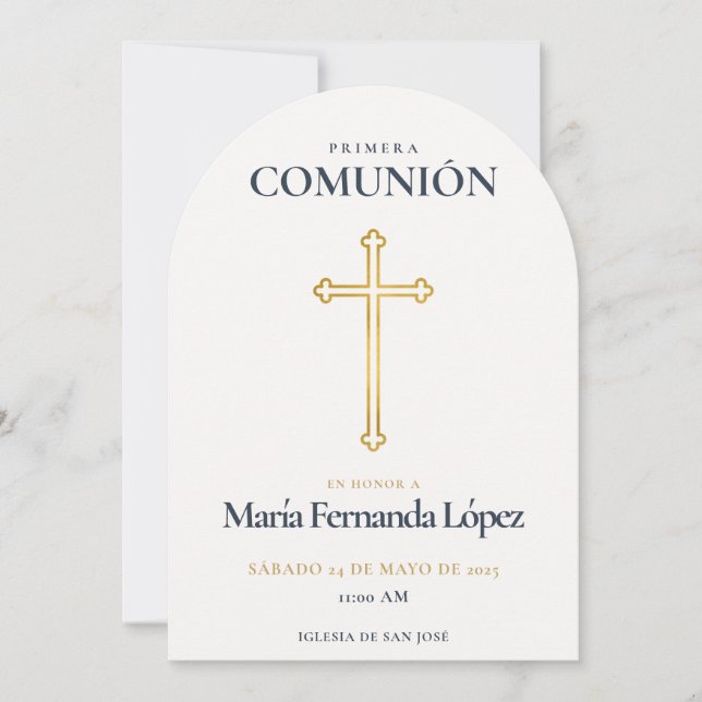 Invitación Elegante Cruz de Oro para Primera Comunión (Anverso)