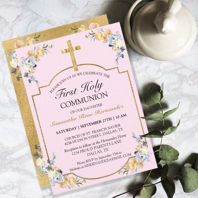 Invitación Elegante Cruz de Oro PInk Floral 1ª Santa Comunión (Subido por el creador)