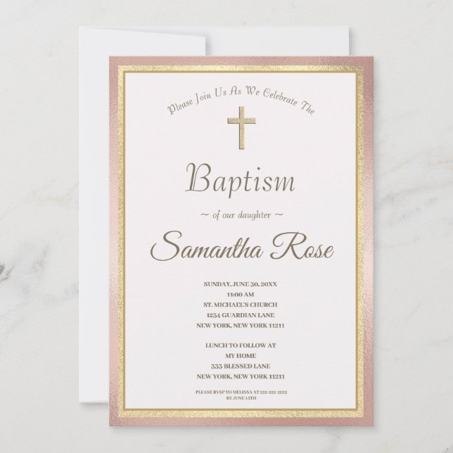 Invitación Elegante Cruz de Oro Rosa Bebé Baptismo Invitati (Anverso)
