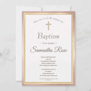 Invitación Elegante Cruz de Oro Rosa Bebé Baptismo Invitati