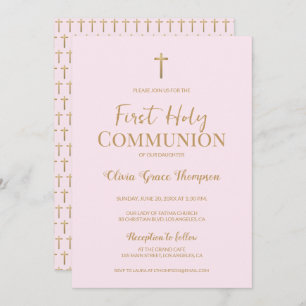 Invitación Elegante Cruz de Oro Rosa Chica Primera comunión s
