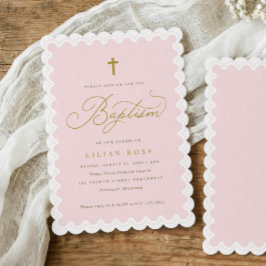 Invitación Elegante Cruz de Oro Rosa Escalonada Bautizo