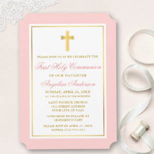 Invitación Elegante cruz de oro rosa primera comunión