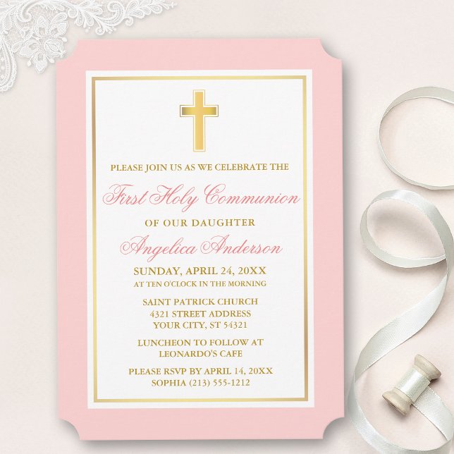 Invitación Elegante cruz de oro rosa primera comunión (Customize to change text size, style, color or to add more text or photos to back of card.)