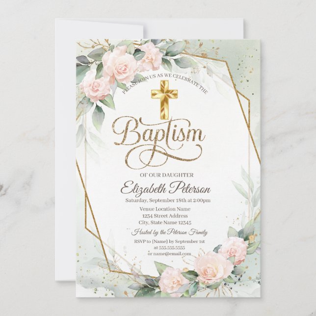Invitación Elegante Cruz de Oro Rosas Rosadas Bautizo (Anverso)