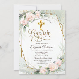 Invitación Elegante Cruz de Oro Rosas Rosadas Bautizo