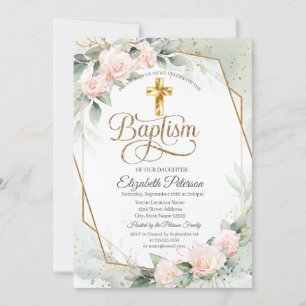 Invitación Elegante Cruz de Oro Rosas Rosadas Bautizo