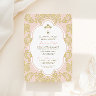 Invitación Elegante cruz de oro Rubor Damask Baby Baptism