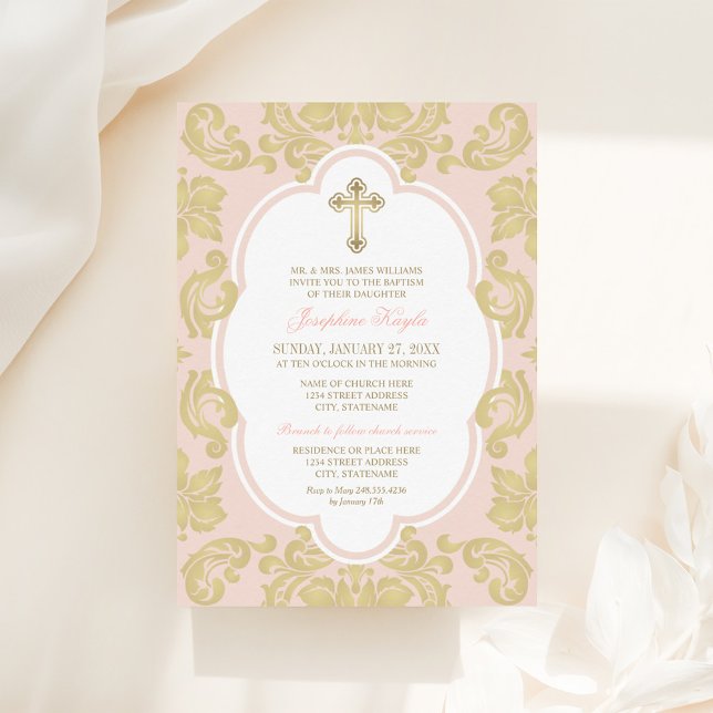 Invitación Elegante cruz de oro Rubor Damask Baby Baptism (Subido por el creador)