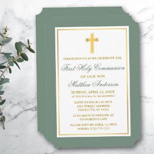 Invitación Elegante Cruz de Oro Sage Verde Primera Comunión