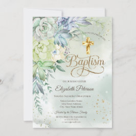 Invitación Elegante Cruz de Oro Suculenta Bautismo Verde
