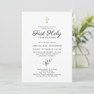 Invitación Elegante Cruz de Oro Verde Primer Comunión