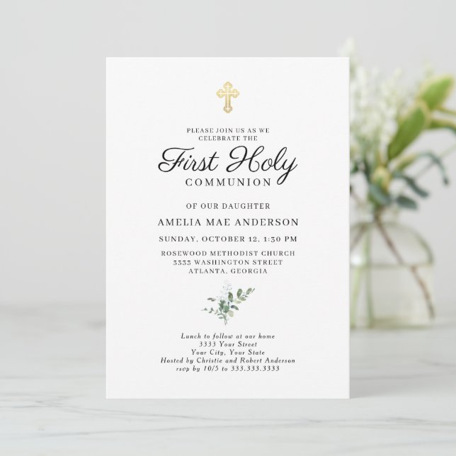 Invitación Elegante Cruz de Oro Verde Primer Comunión (Anverso de pie)
