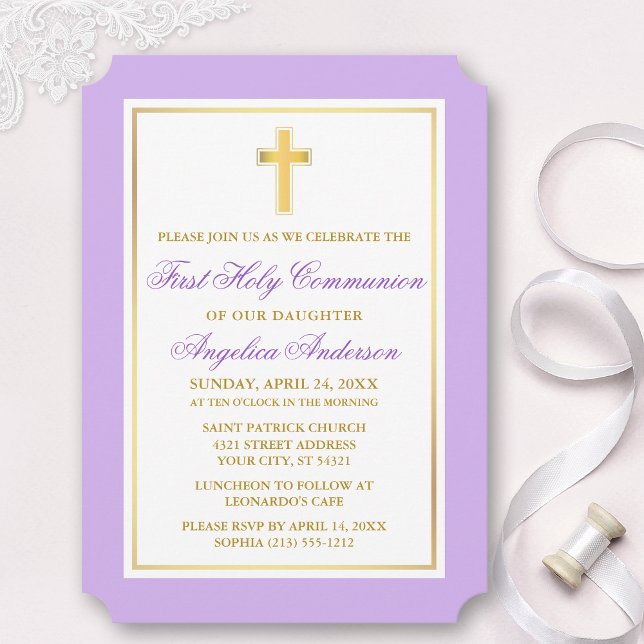 Invitación Elegante cruz de oro violeta primera comunión (Customize to change text size, style, color or to add more text or photos to back of card.)