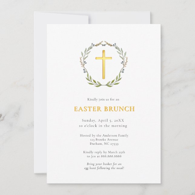 Invitación Elegante Cruz de Oro y brunch de Pascua (Anverso)
