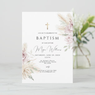 Invitación Elegante Cruz de Oro y flores rosadas boho Bautism