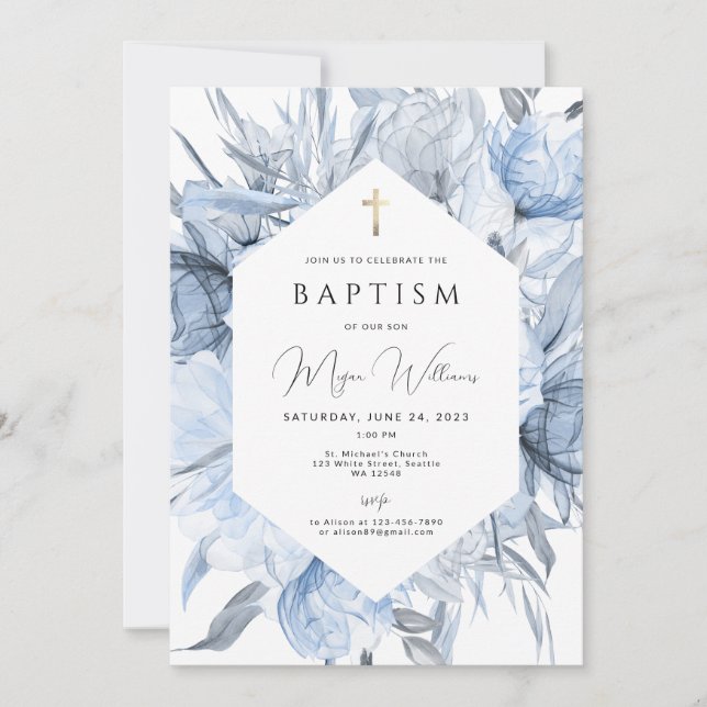 Invitación Elegante Cruz de Oro y Peas chica Baptism Invitati (Anverso)