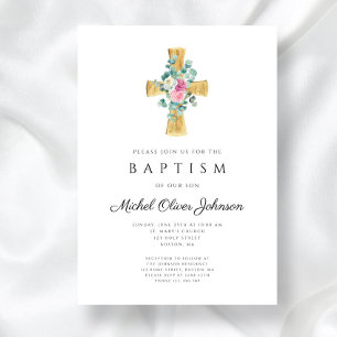 Invitación Elegante Cruz de Peonías Florales Rosadas Bautizo