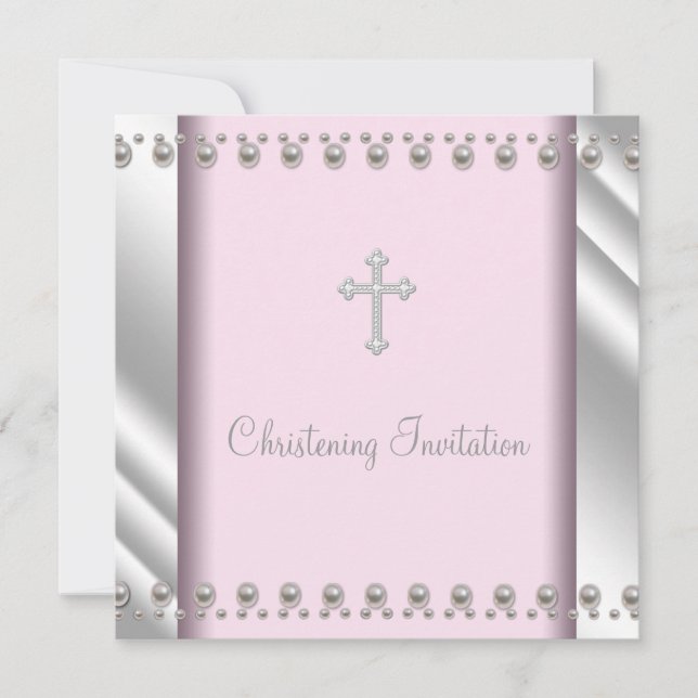 Invitación Elegante Cruz de Perla Rosa Bautizo (Anverso)