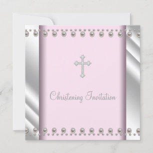 Invitación Elegante Cruz de Perla Rosa Bautizo