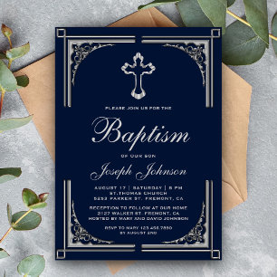 Invitación Elegante Cruz de Plata con Borde Ornamentado Bauti