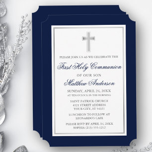 Invitación Elegante Cruz de Plata Primera Comunión Azul