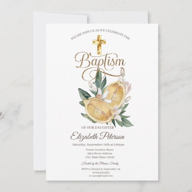 Invitación Elegante cruz dorada acuarela Lemones Botánico (Anverso)