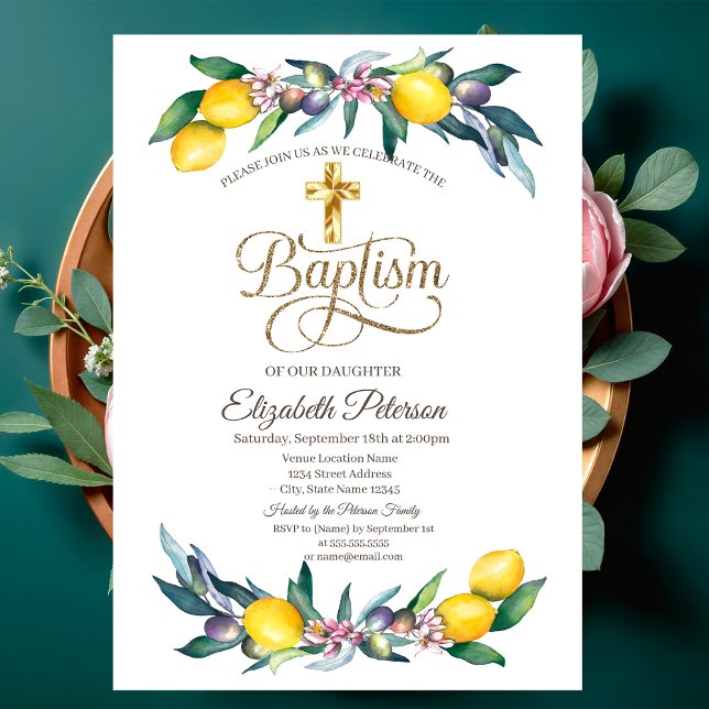 Invitación Elegante cruz dorada acuarela Lemons Olives (Subido por el creador)
