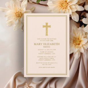 Invitación Elegante Cruz Dorada Bautizo Niña Bebé Rosa