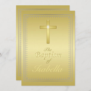 Invitación Elegante cruz dorada de oro y damasco de plata Bau