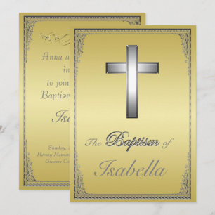 Invitación Elegante cruz dorada y plata damascal Baptismo