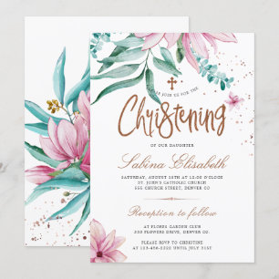 Invitación Elegante cruz floral acuarela bautizo