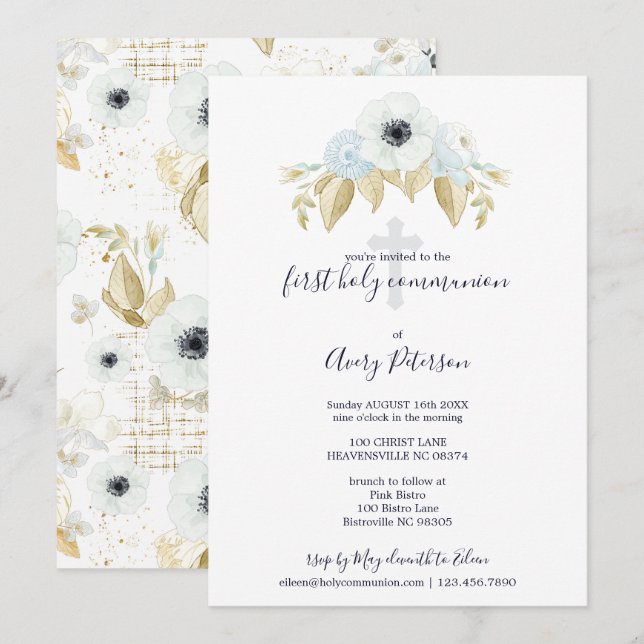 Invitación Elegante Cruz Floral Azul Primera Santa Comunión (Anverso / Reverso)