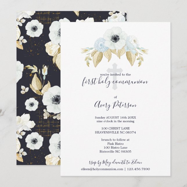 Invitación Elegante Cruz Floral Azul Primera Santa Comunión (Anverso / Reverso)