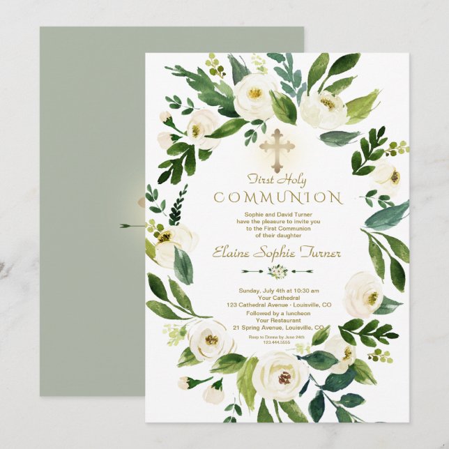 Invitación Elegante Cruz Floral Blanca Floral de la Cruz Sagr (Anverso / Reverso)