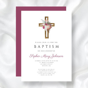 Invitación Elegante Cruz Floral Bohemio Rojo Bautizo