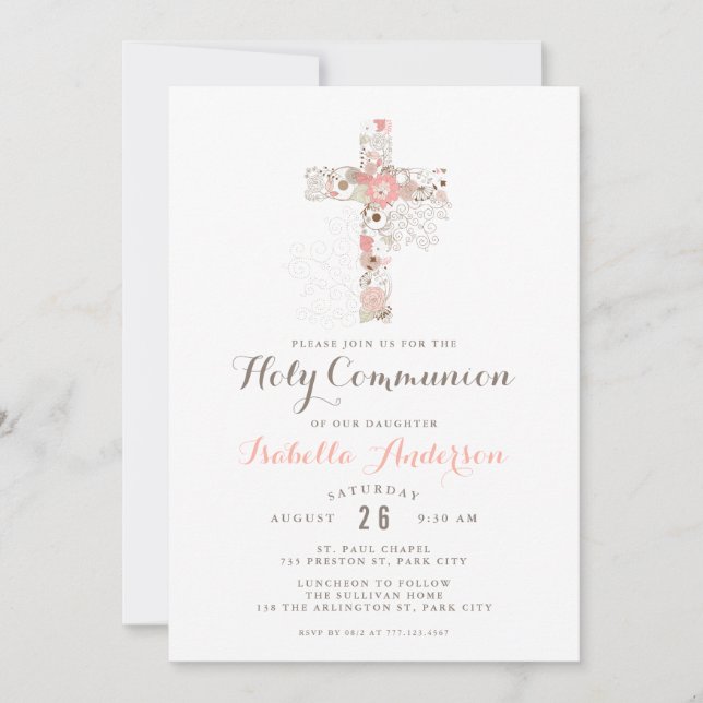 Invitación Elegante cruz floral de comunión blanca (Anverso)