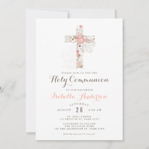 Invitación Elegante cruz floral de comunión blanca