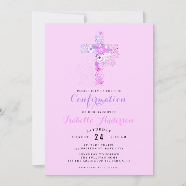 Invitación Elegante cruz floral de confirmación rosa (Anverso)
